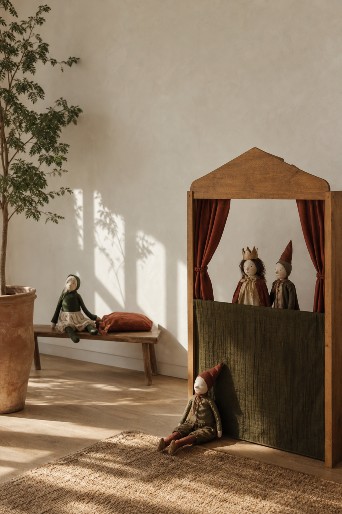 Editorial image of a handmade puppet theatre in a warm sunlit home