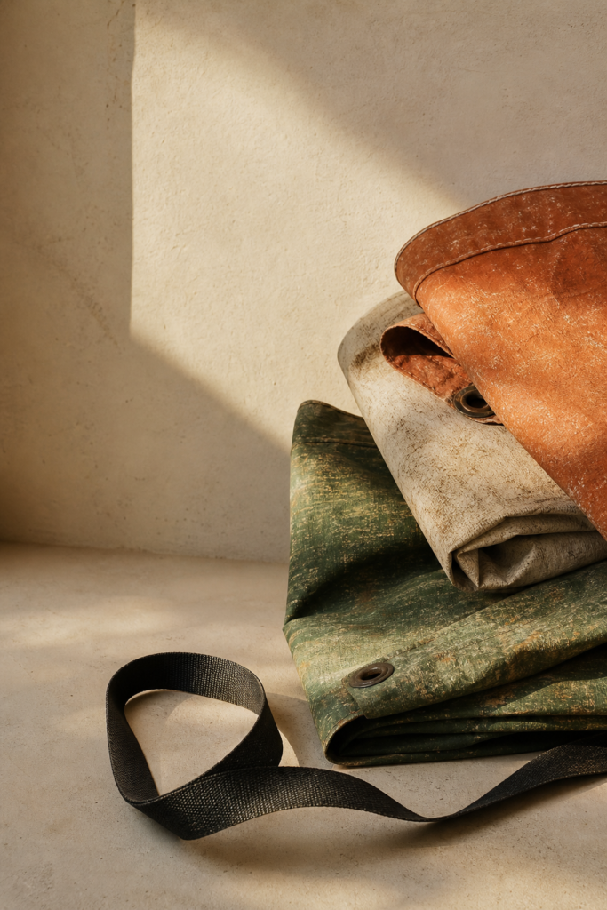 Editorial still life of reclaimed canvas textiles and webbing